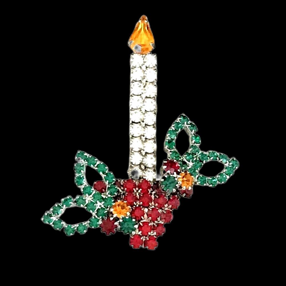 Vintage 1960s Rhinestone Christmas Candle Brooch Silver Tone Holiday - 1T